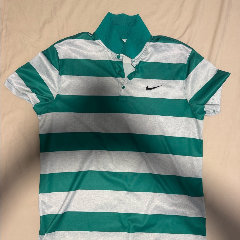 Nike Men's Polo Shirt with Green and White Stripes